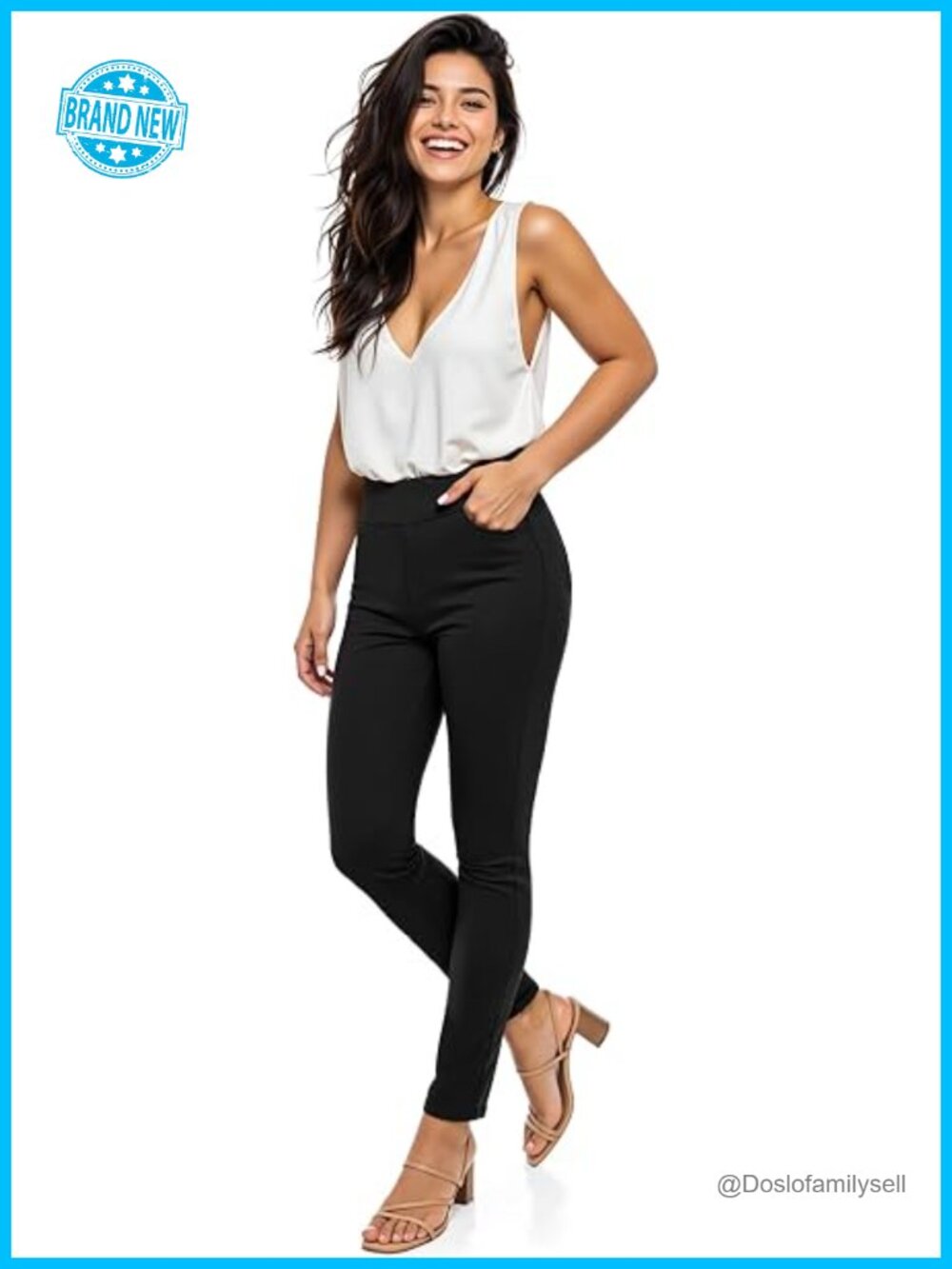 Comfort Stretch Skinny Slim Dress Pants, High Waist Pull on Pants with Pockets,